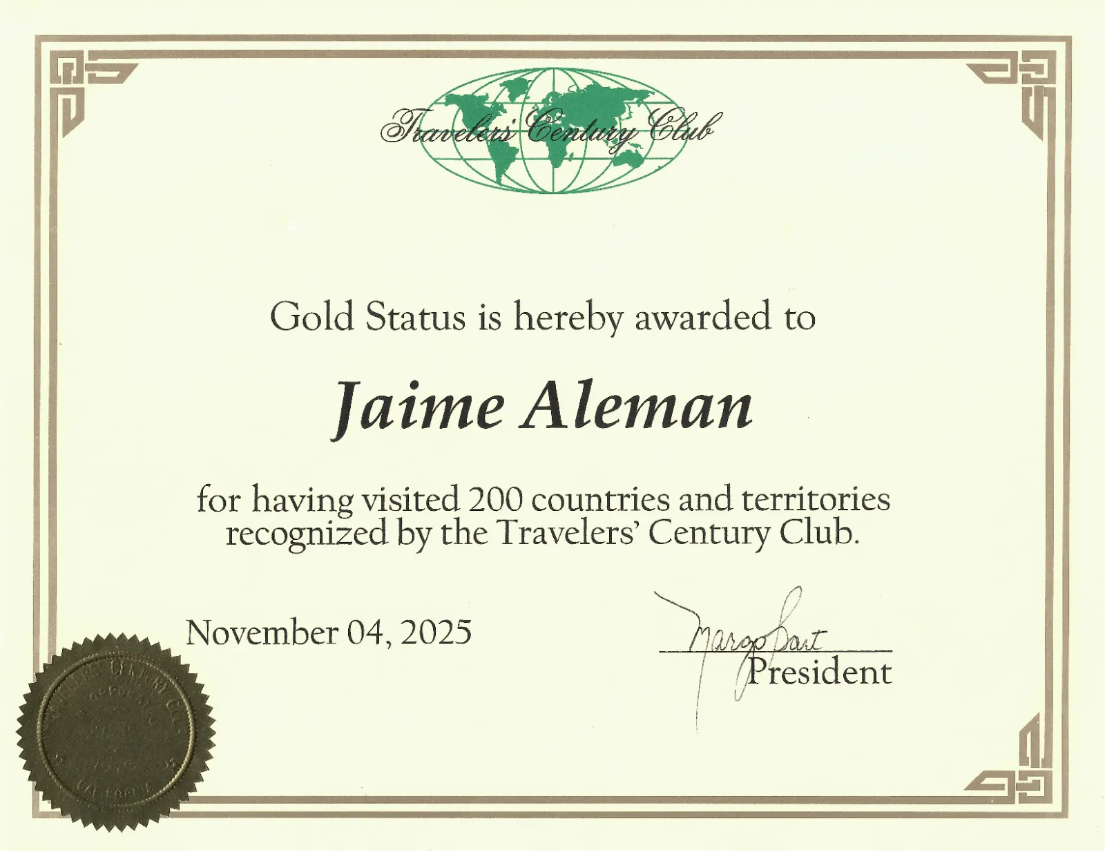 Travelers Century Club gold status award